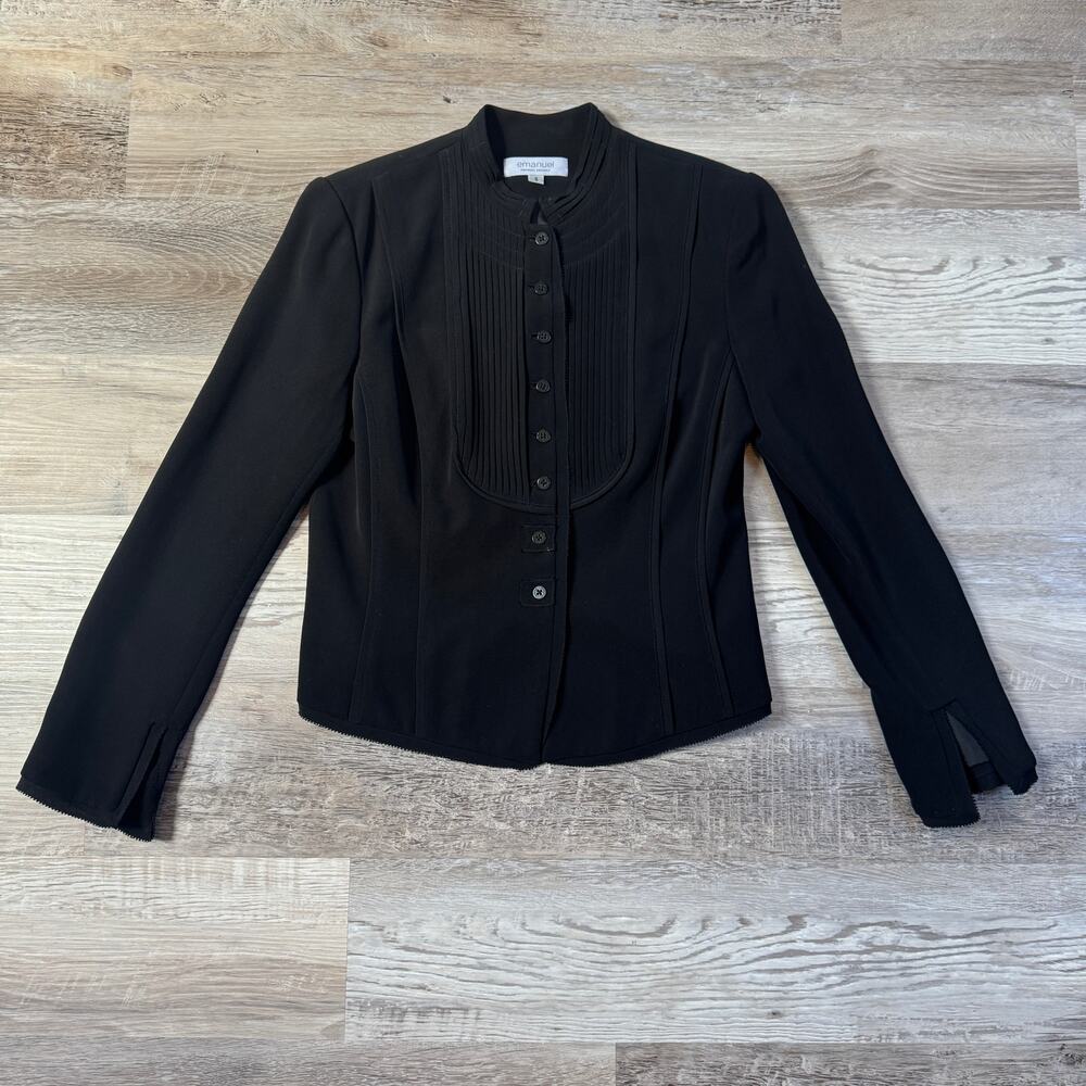 Emanuel Ungaro Silk Black Pintuck Tuxedo Jacket Office Siren Corporate Goth 6